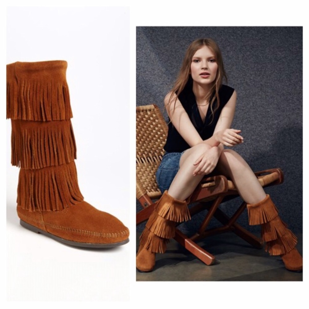 Minnetonka Three Layer Fringe Calf High Boots